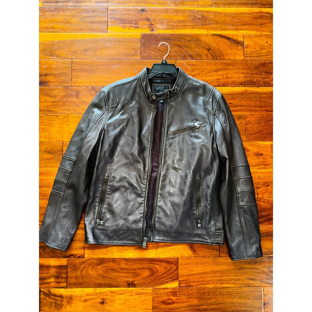 Andrew Marc Leather Cafe Racer Jacket Mens Large Chocolate Brown Excellent Moto